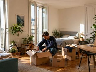 Jeune locataire en train d'emménager dans un studio parisien lumineux signé en bail mobilité