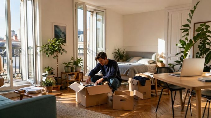 Jeune locataire en train d'emménager dans un studio parisien lumineux signé en bail mobilité