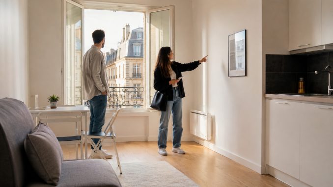 Jeune couple visitant un studio meublé lumineux à Paris, checklist en main
