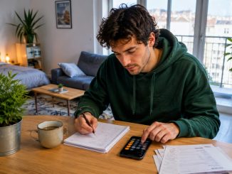 Jeune actif calculant son budget loyer dans un studio moderne et lumineux