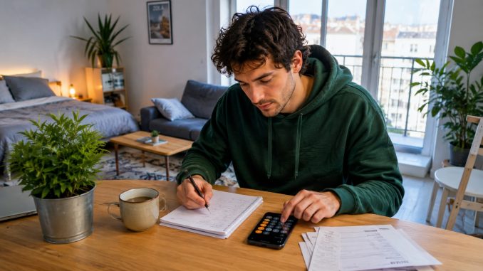 Jeune actif calculant son budget loyer dans un studio moderne et lumineux
