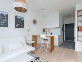 Studio de 20 m² aménagé avec canapé blanc, table haute et étagères murales