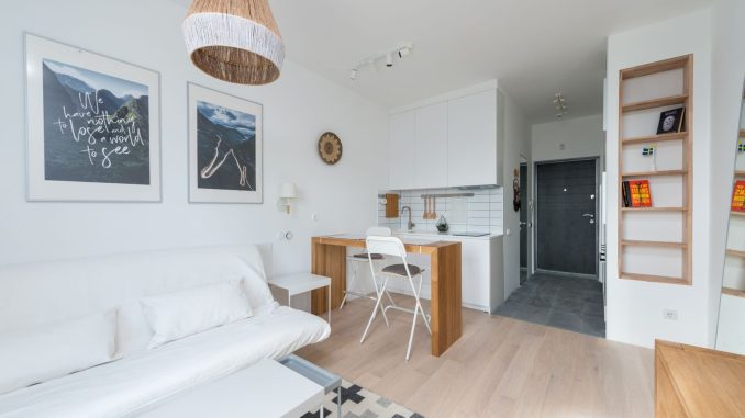 Studio de 20 m² aménagé avec canapé blanc, table haute et étagères murales