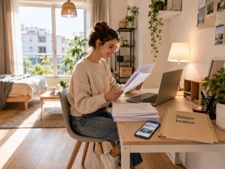 Jeune etudiante preparant son dossier de location dans un studio lumineux