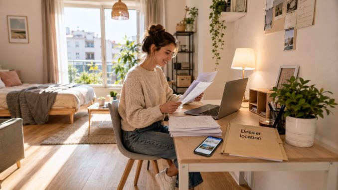 Jeune etudiante preparant son dossier de location dans un studio lumineux