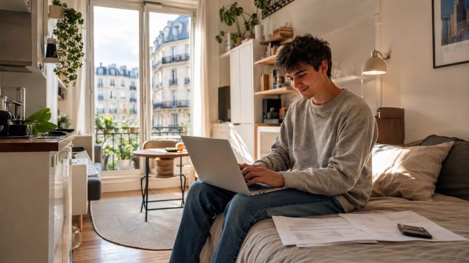 Jeune alternant assis sur son lit dans son studio parisien, en train de monter son dossier logement sur son ordinateur portable