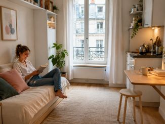 Studio parisien de 10 m² parfaitement amenage, canape-lit, table murale, kitchenette et rangements muraux