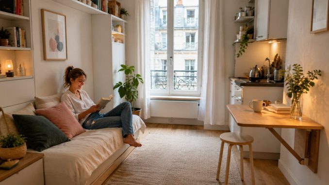 Studio parisien de 10 m² parfaitement amenage, canape-lit, table murale, kitchenette et rangements muraux