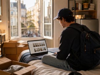 Etudiant qui cherche un studio en dernière minute pour la rentrée sur son ordinateur, avec cartons et sac à dos, dans un studio meublé lumineux