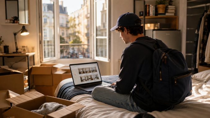 Etudiant qui cherche un studio en dernière minute pour la rentrée sur son ordinateur, avec cartons et sac à dos, dans un studio meublé lumineux