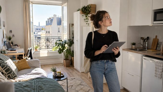 Locataire réalisant l'état des lieux d'entrée d'un studio parisien avec une tablette