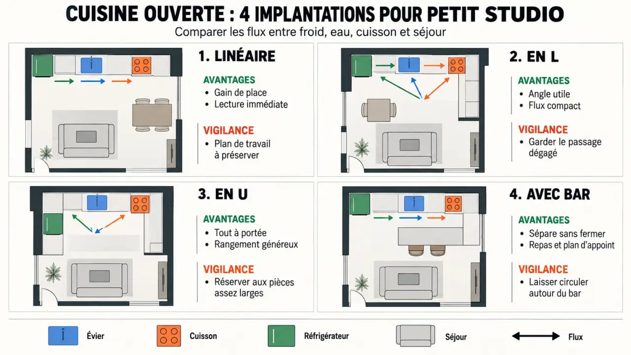 Infographie pour optimiser l'aménagement d'une cuisine ouverte dans un petit studio selon l'implantation