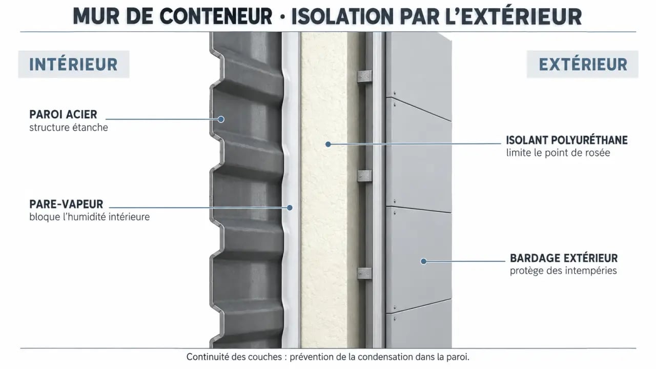 Schéma d'isolation extérieure d'un studio de jardin container maritime