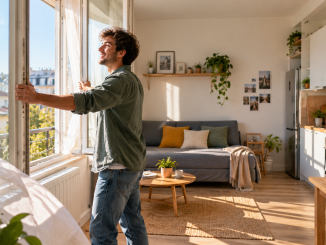 Jeune adulte ouvrant la fenetre de son studio pour aerer la piece