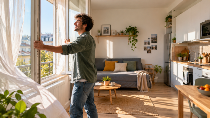Jeune adulte ouvrant la fenetre de son studio pour aerer la piece