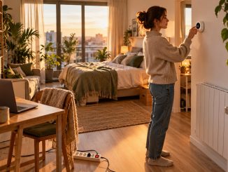 Jeune femme reglant un thermostat connecte dans son studio, multiprise au sol - reduire sa facture d'electricite