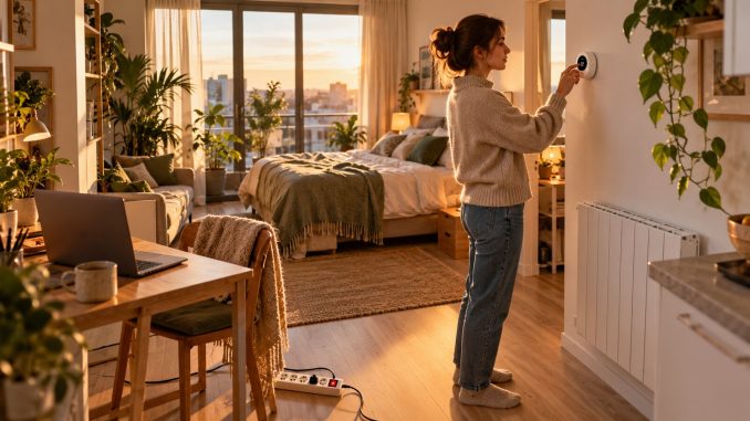 Jeune femme reglant un thermostat connecte dans son studio, multiprise au sol - reduire sa facture d'electricite