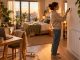 Jeune femme reglant un thermostat connecte dans son studio, multiprise au sol - reduire sa facture d'electricite